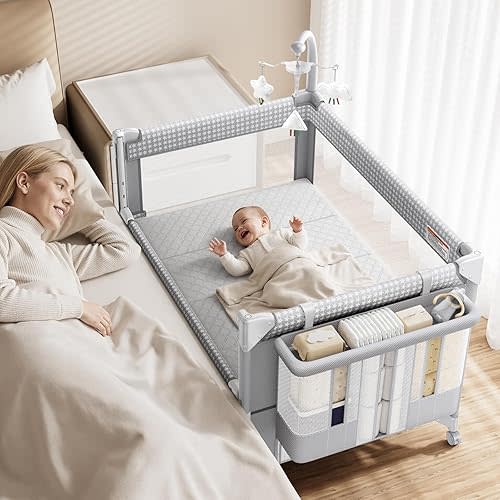 GAIVE 4 in 1 Baby Bassinet, One-Push Setup Pack and Play, Bedside Crib Sleeper with 3 Height Adjustable，Diaper Changer, Come with Comfy Mattress, Rotating Toy Bar, from Infants to Toddlers (Grey)