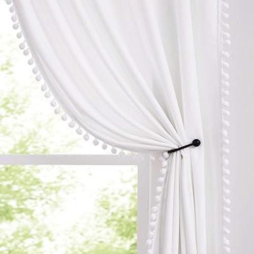 Treatmentex Pom-Pom White Velvet Curtains 84inches Long for Living Room Decorative Room Darkening Window Drapes for Girls Bedroom Rod Pocket 2 Pack