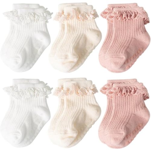 AQOKKA Baby Girl Toddlers Socks with Non-slip Grip Cute Frilly Ruffle Ankle Soft Cotton Newborn Baby Socks for Infant Kids