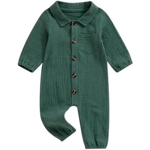 Baby Boy Girl Button Jumpsuit Solid Baptism Romper Long Sleeve Collared Shirt Bodysuit Cotton Linen Pocket Playsuit