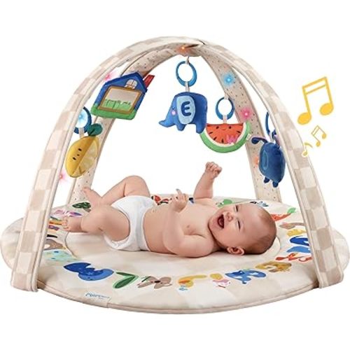 Baby Play Gym & Activity Mat with Light-up Musical Arch, Washable Tummy Time Mat with 6 Detachable Sensory Toys for Motor Skills, Baby Essentials Shower Gift - ABC123
