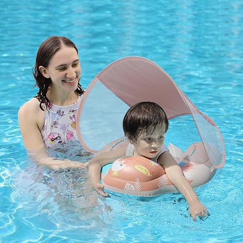 Free Swimming Baby Infant Pool Float with Sun Canopy Inflatable Baby Swimming Floatie with Sponge Safety Bottom Support Water Toys Swimming Trainer (Pink, Large)