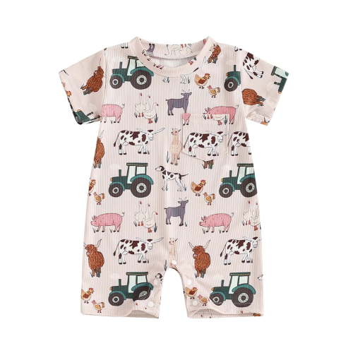 larppty Western Baby Girl Boy Clothes Short Sleeve Farm Animals Cow Print Romper Jumpsuit Summer Country One Piece Outfit（Red， 6-12 Months）
