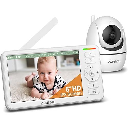 ANMEATE 6 Inch Baby Monitor with Camera and Audio - No WiFi, 48-Hour Battery, Thermal Sensor, Remote Pan/Tilt/Zoom, Two-Way Talk, Lullabies&White Noise, 1000ft Range