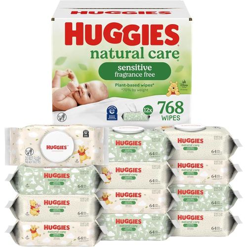 Huggies Natural Care Sensitive Baby Wipes, Unscented, Hypoallergenic, 99% Purified Water, 12 Flip-Top Packs (768 Wipes Total), Packaging May Vary