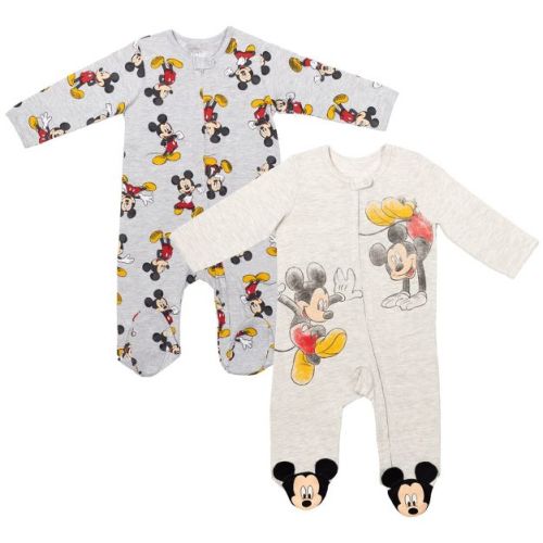 Disney Mickey Mouse Baby Boys' 2-Pack Zip-Up Ribbed Footed Sleeper Coveralls with 3D Ears Oatmeal Grey Newborn