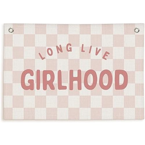 Lacama Pink Long Live Girlhood Banner, Girl Room Decor, Wall Hanging Banner Flag Decor for Toddler Girls Room Nursery 30x20 In