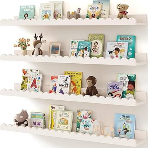 Shario Nursery Book Shelves, 4-Pack Wood Floating Shelves for Wall Kids, Scalloped Shelves, Wall Book Shelves for Bedroom Kids, Toddler Room, Baby Room, Nursery Decor (White, 31.5 Inches)