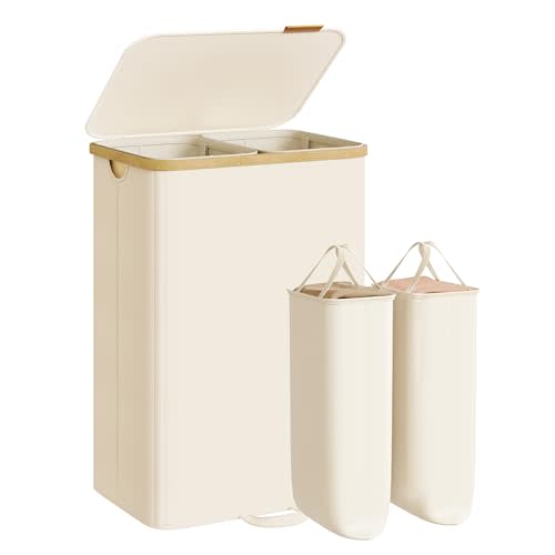 SONGMICS Laundry Hamper with Lid, 150L Laundry Basket,2 Compartments | Laundry Sorters, Removable Liner Bags, Cream White and Light Bamboo, ROXANNE Collection ULCB532WD01