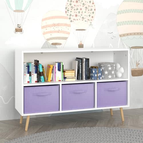2-Tier Bookcase Bookshelf with Collapsible Fabric Drawers,Cute Book Display Storage Cabinet Organizer for Playroom Livingroom (White+Purple)