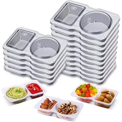 Qewro 15 Sets Snack Containers, Reusable Double Compartment Condiment With Lids 2 Portion Snack Containers Sauces Dip, Disposable Box to Grab and Go with Prep For Adults, On The Go For Kids