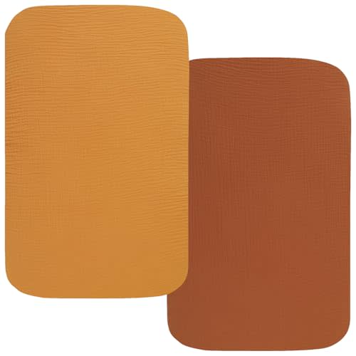 Muslin Bassinet Sheets 35" X 20" Compatiable with AMKE 3 in 1 Bassinets, MiClassic, Uiuwoo, Foalom, YADAQE, Milliard and TCBunny Bassinet, 100% Cotton Breathable and Soft 2 Pack, Yellow and Brick