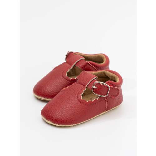 T-Strap Scalloped Buckle Shoes - Wine Red