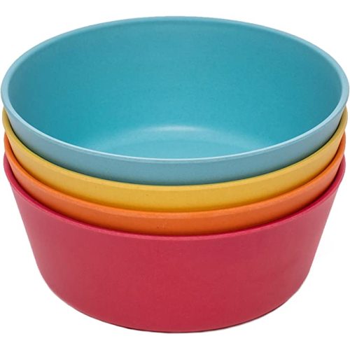 WeeSprout Bamboo Kids Bowls, Set of Four 10 oz Kid-Sized Dinnerware, Cereal, Leftovers & Snack Bowl, Dishwasher Safe (Blue, Yellow, Orange, & Red, 10 Oz)