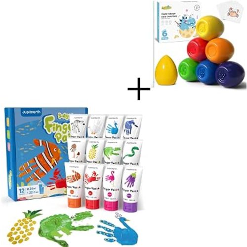 JUPITEARTH 6 Colors Egg Crayons for kids+12 Colors (1.22 fl oz/36ml) Washable Finger Paint for Toddlers