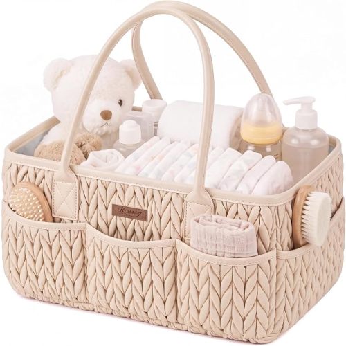 Konssy Baby Diaper Caddy Organizer, Braided Quilted Design with PU Handles