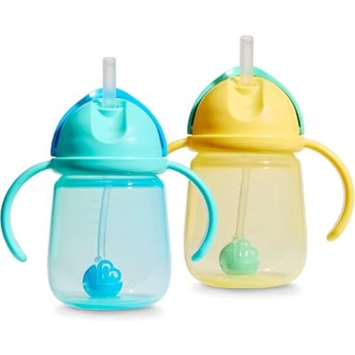 Munchkin Any Angle Toddler Weighted Straw Trainer Cup, 7oz, 2 Pack, Blue/Yellow
