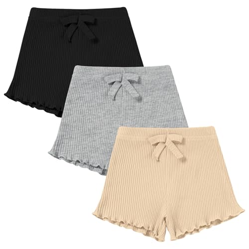 3 Pack Baby Toddler Girl Shorts Ribbed Infant Girls Solid Color Soft Elastic Bow Waist Ruffle Summer Casual Shorts