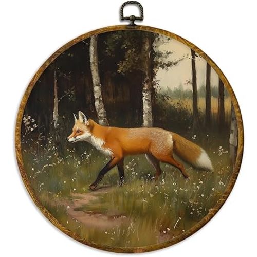 XPH Rustic Forest Fox Round Wall Art Framed, Nature Wild Animal Fox Circle Wall Decor, Farmhouse Retro Cottagecore Hanging Canvas Prints for Home Bedroom Living Room Decoration, 10x10 Inch