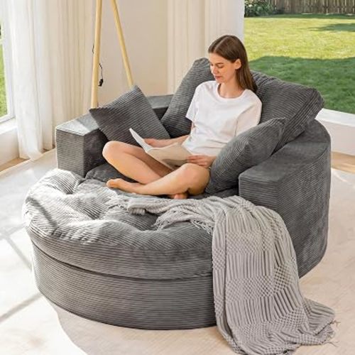 MAXYOYO Oversized Round Chaise Lounge Sofa, Boneless Chair with Ottoman