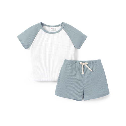 PatPat Baby Boys 2pcs Outfit, Raglan Sleeve Waffle Top and Shorts, Blue, 9-12 Months