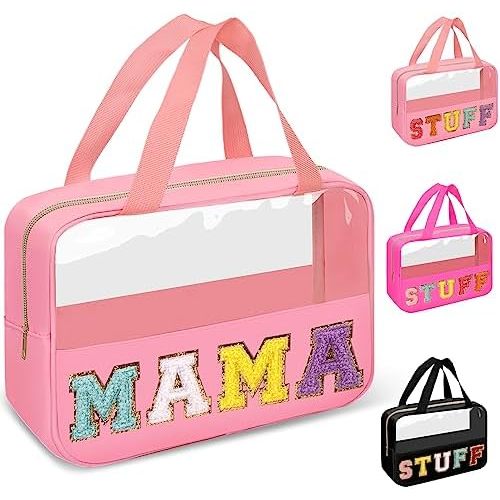 Chenille Letter Clear Makeup Bags Mama Tote, Preppy Patch Makeup Bag Zipper with Handle, Waterproof PVC & Nylon Portable Glitter Large Cosmetic Travel Toiletry Storage Bag for Women Girls(MAMA-Pink)
