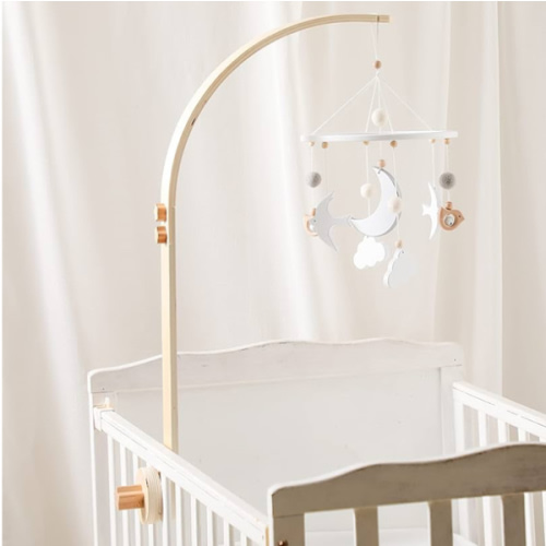 Wooden Crib Mobile Arm | Baby Crib Mobile Arm Wooden Holder | Rotatable Adjustable Anti Slip Attachment Clamp for Sturdy Mobile Hanger (Curved Arm)