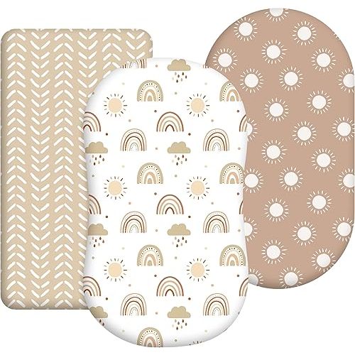 Baby Bassinet Sheets Girl Unisex - 3 Pack Safe Cradle Sheets Universal for Hourglass, Oval Rectangle Bassinet Mattresses (32" x 16") Cloud Rainbow