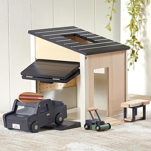Tiny Land Wooden Dollhouse Garage Set Expansion Furniture & Accessories | Realistic Garage with Workbench, Lawn Mower & SUV Car, Educational Pretend Play Expansion Set, Gift for Kids