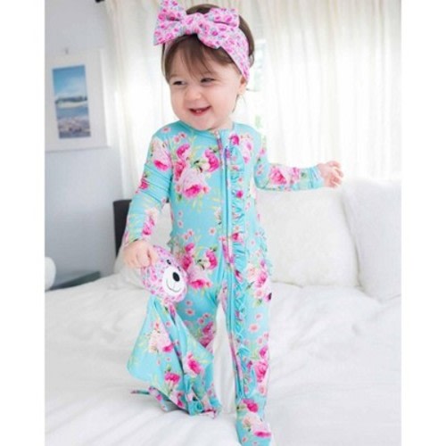 Lev Baby Girls' Bamboo Viscose Rose Floral Ruffle Footie Pajama with 2-Way Zipper, Snug Fit - Sky Blue