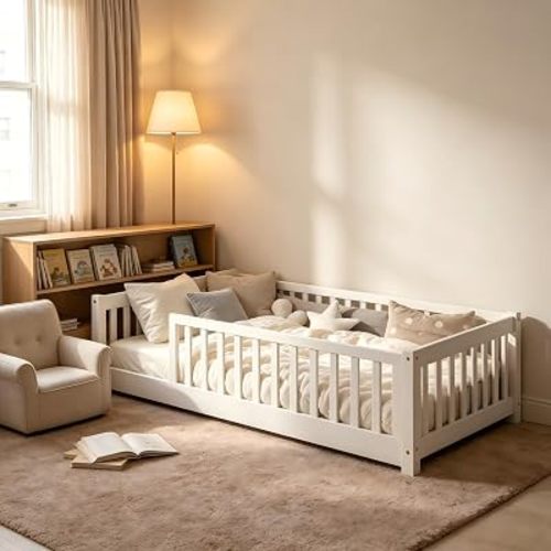 PVWIIK Twin Size Montessori Floor Bed with Wood Slats for Kids Bedroom,Wood Montessori Bed Frame with Safety Guardrails for Girls & Boys,Space Saving Design,White