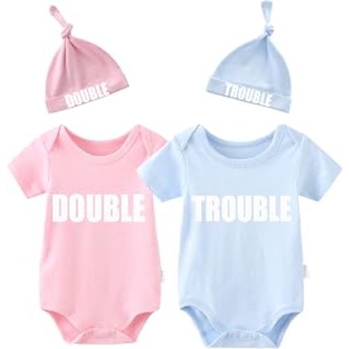 YSCULBUTOL Baby Twins Bodysuits Funny Double Trouble Cute Girl Romper Twin Jumpsuits Hat Set