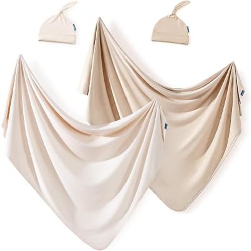 2 Set Newborn Swaddle Blanket with Beanie(4 pcs), Ultra Soft Stretchy Jersey Knit Extra Large Size 33 x 44 Receiving Blankets for Easy Swaddling Baby Snug and Cozy