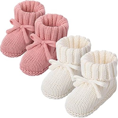 Jeere 2 Pairs Knitted Baby Booties 0-6 Months Crochet Newborn Infant First Walkers Toddler Cozy Shoes Sock Gifts