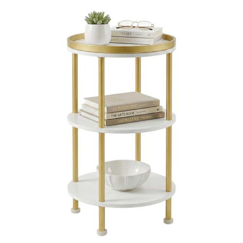 Small Round Side Table for Small Spaces, 3-Tier Round Accent Table Slim Side Table, Modern Sofa Corner Table for Living Room Nightstand Bedroom (White+Gold)