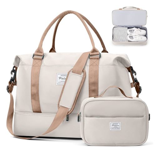 Weekender Bags for Women, Travel Duffel Bags with Shoe Compartment,Personal Item Travel Bag for Airlines, Carry on Overnight Tote Bag for Women with Toiletry Bag，Beige&Brown