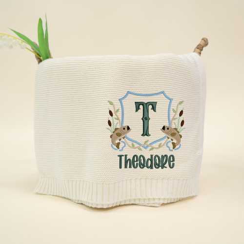 Embroidered Fishing Monogram Knit Baby Blanket: Custom Name, 100% Cotton