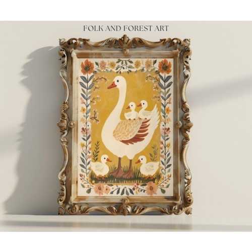 Goose and Goslings Printable Wall Art – Rustic Cottagecore Nursery Decor – Vintage Folk Art Digital Download