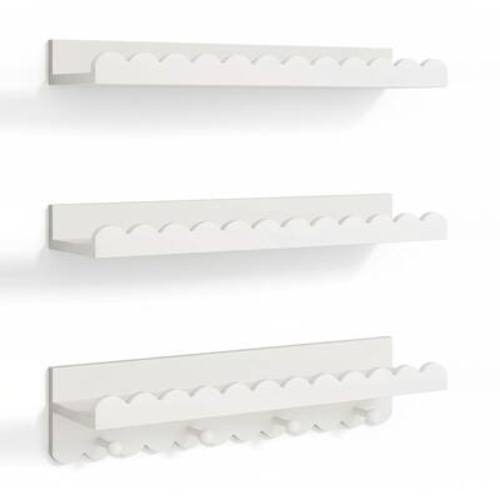 Dazzed Corner - Scalloped Nursery Wall Shelves with Coat Hooks, Floating Bookshelves Set of 3 - White
