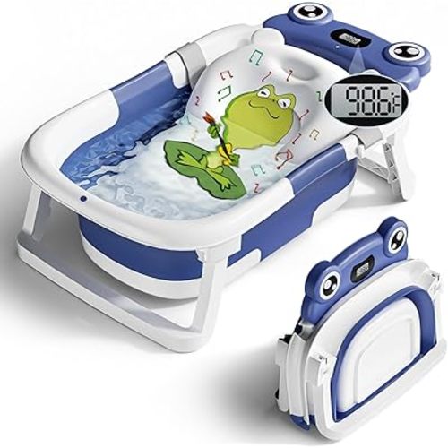 Baby Bathtub, Collapsible Newborn Bathtub for Infant to Toddler 0-24 Months with Soft Bath Net,Portable Travel Newborn Tub with No-Slip Feet, Baby Shower Gifts,Navy Blue