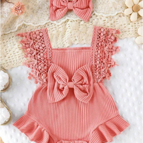 2pcs Set Casual Elegant Sweet Cute Baby Girl Bodysuit, Soft Breathable Solid Color Hollow Lace Tassel Trim Bodysuit And Headband Set | SHEIN USA