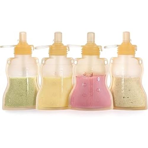 haakaa Baby Food Pouch Refillable Baby Squeeze Silicone Yummy Pouch, Soft Reusable Squeeze Storage Food Pouch for Kids Toddler,Home Made Food Puree,Smoothie Pouch Bag, 4oz, 4 Pack,6m+ (Yellow)