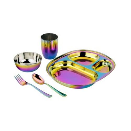 Ahimsa 5pc Stainless Steel Mindful Mealtime Kids' Dinnerware Set - Rainbow: Non-Toxic, BPA-Free, Lead-Free, PVC-Free