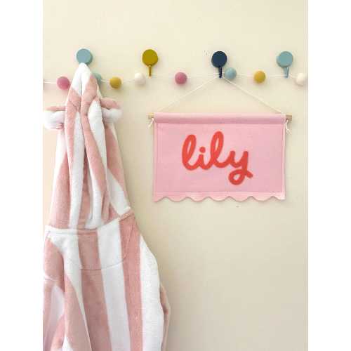 Handmade felt banner with wave trim design, Custom colourful name sign, Kids room door sign, Baby girl or boy nursery pennant