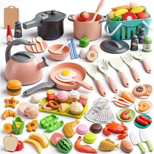 130Pcs Kitchen Playset, Toddler Pretend Cooking Play Pots, Pans, Utensils Cookware, Daily Food Fruit Veges, Shopping Storage Basket, Dessert, Prop Money, Learning Gift for Child (Pink)