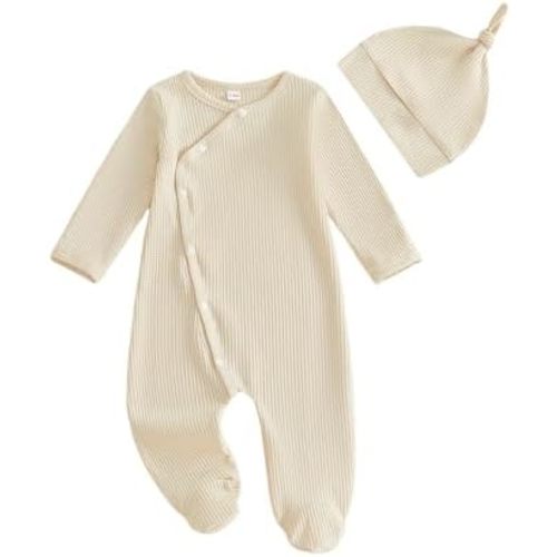 Kuriozud Newborn Baby Boy Going Home Outfit Kimono Romper Jumpsuit With Mitten Cuffs Beanie Hat Waffle Fall Winter Clothes