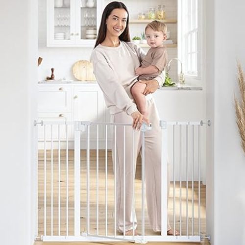 Comfy Cubs Baby Safety Gate with 3 Extensions - Adjustable 42" x 1.9" x 30" Q195 Steel Doorway Barrier - Powder-Coated Finish for Stairs and Doorways - Walk-Through Design Pet Gate - White