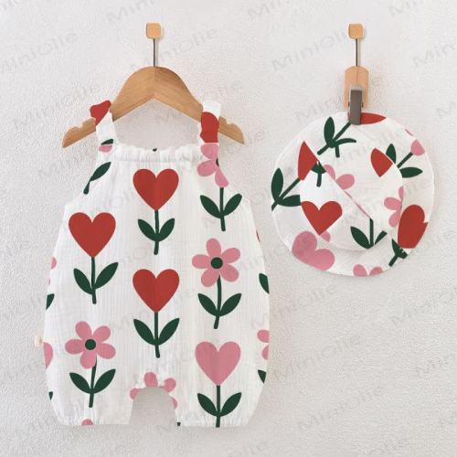 Baby Flower Heart Print White Romper with Hat