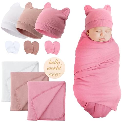 BQUBO 3 Sets Cotton Baby Swaddle Blankets Swaddling Wrap with Hats Mittens Newborn Soft Silky Nursery Receiving Blanket Cute Bear Ears Hat Elastic Gloves Set for Unisex Baby 0-3 Months