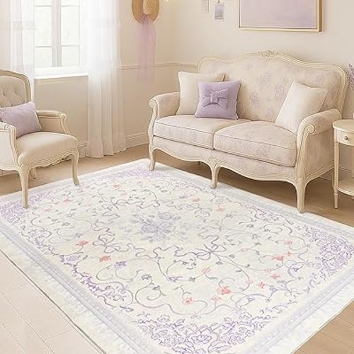 Pastel Purple Rug for Bedroom Dorm Kids Play Room - Light Lavender Blue Pink 5x7 Washable Whimsical Fairy Bow Floral Fun Area Rug for Girls Room Nursery Toddler